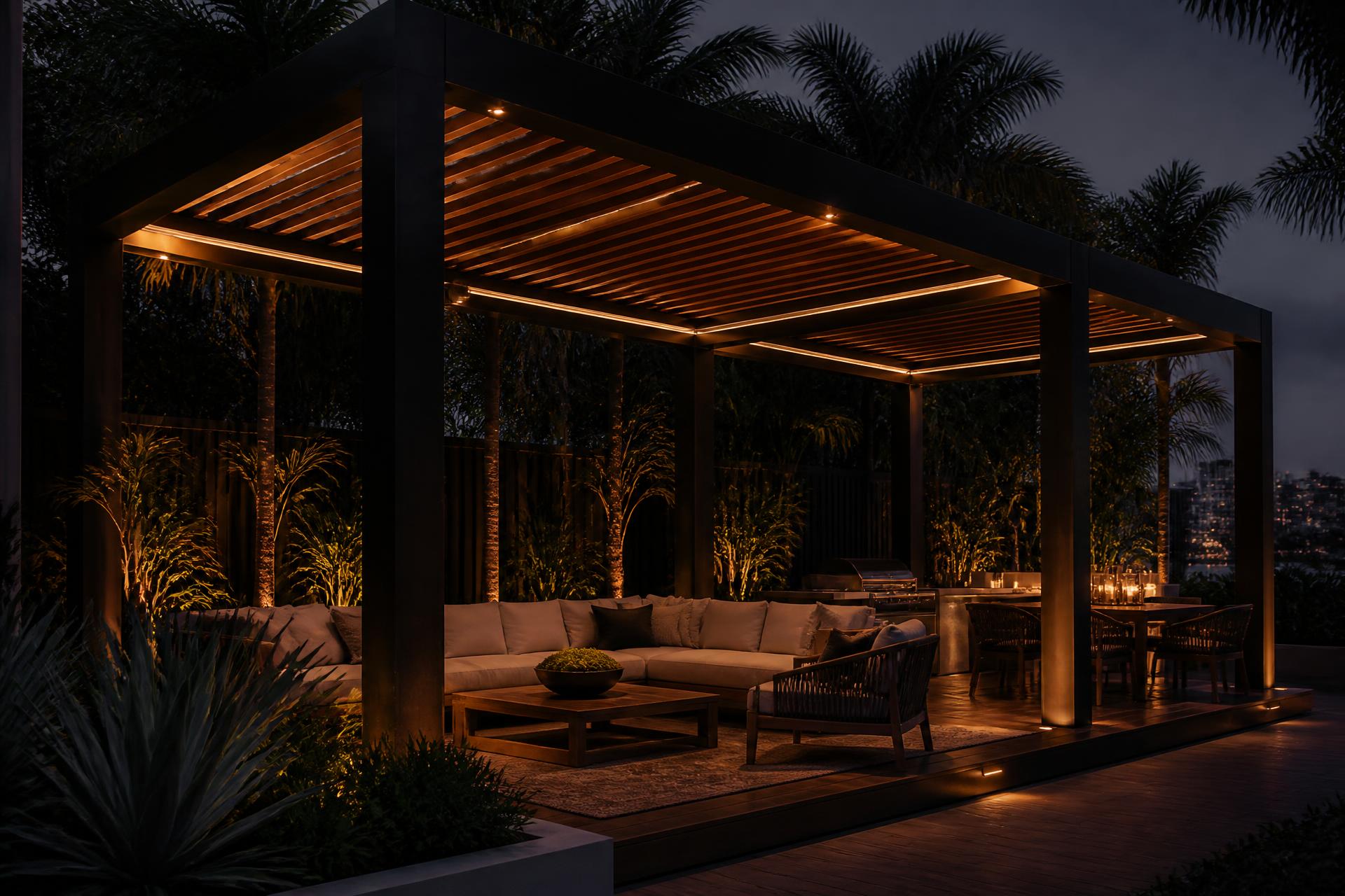 Illuminated custom pergola at dusk in Miami